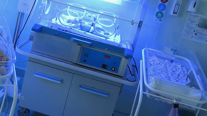 光線治療を受ける新生児黄疸の赤ちゃん