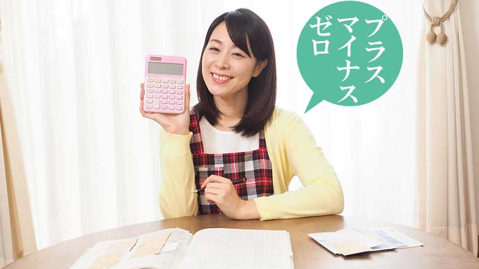 家計簿うつけながら満足気な女性